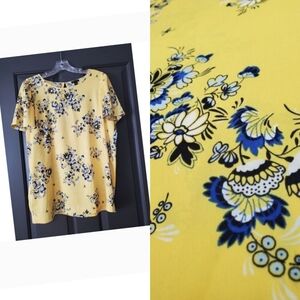 Ann Taylor Womens Top L Butter Yellow Blouse Floral Print Coastal Cruise Beachy